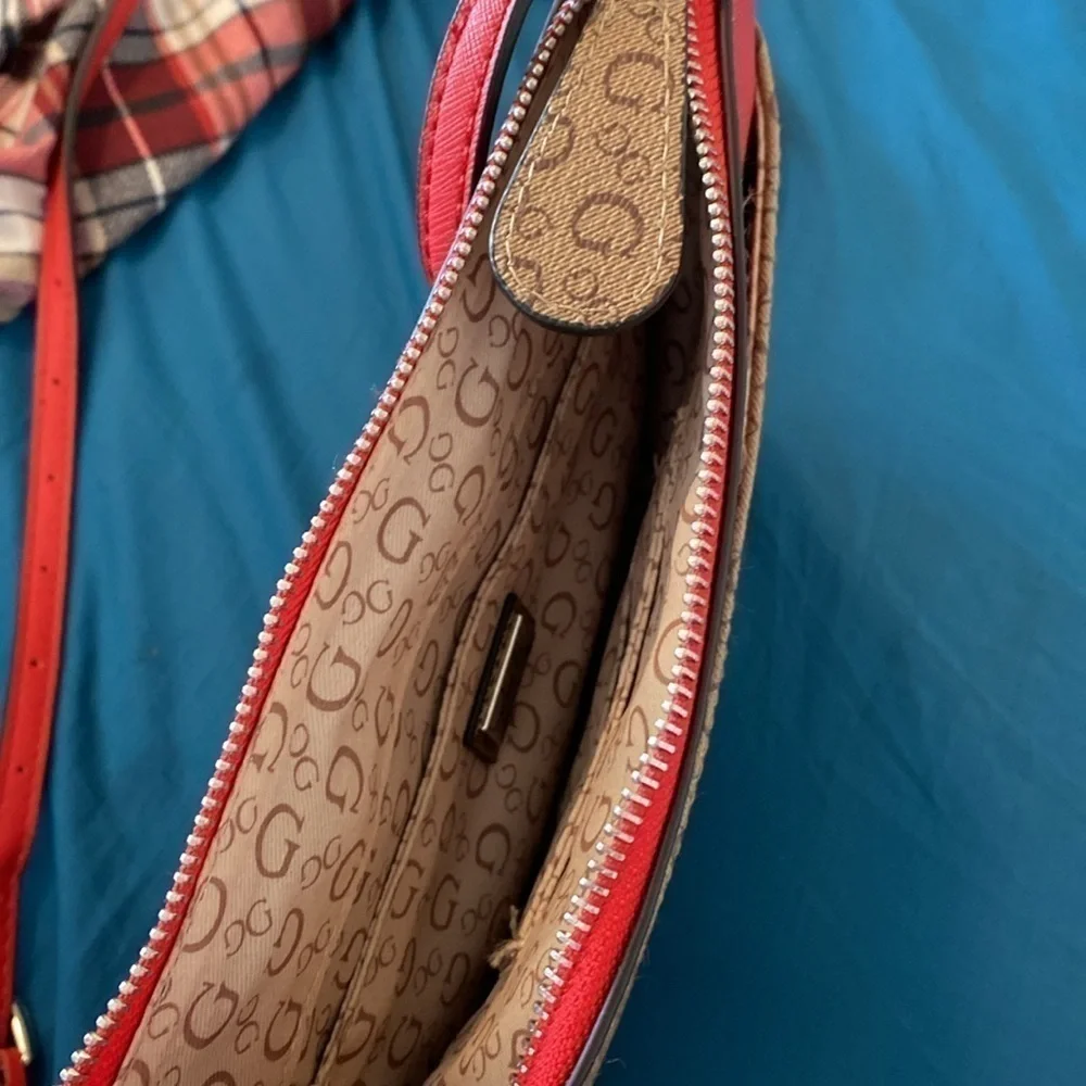 Guess red tan cross body bling two pocket zip up purse adjustable strap